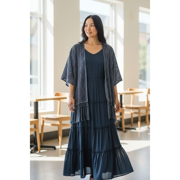 Torrid Sz 1/2 XL Blueish Gray Burnout Fringed Kimono Whimsigoth Witch Fairy SPOT - Picture 2 of 14